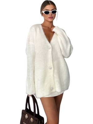 Kechi Woman Kadın Şardonlu Uzun Beyaz Triko Hırka