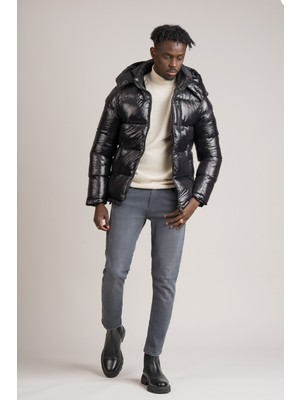 FBI Slimfit Dik Yaka Çıkartılabilir Kapşonlu Astarlı Parlak Şişme Mont