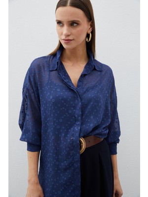 Sateen Lacivert Puantiye Desenli Uzun Gömlek