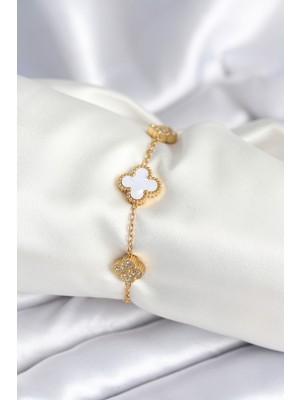 HERŞEYBURDAMODA 316L Çelik Zincir Zirkon Taşlı Yonca Beyaz Kadın Bileklik