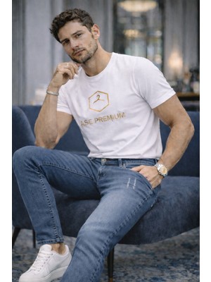 Erkek Slim Fit Dar Paça Açık Mavi Kot Pantolon Eskitme Detaylı