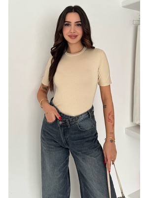 Noa Noa Kadın Taş Detaylı Kısa Kollu T-Shirt – Beige Spark
