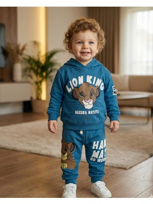 Asliva Fashion Asliva Aslan Temalı Kırmızı/mavi Kapüşonlu 2'li Bebek Alt Üst Takım (6-24 Ay)