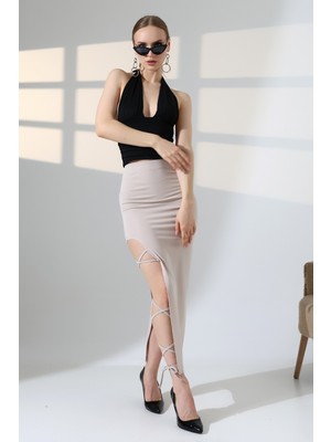 Lubiti Bacak Bağcıklı Yırtmaçlı Uzun Etek