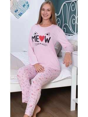 Deniz Home Wear Pamuk Penye Uzun Kollu Kedi Desenli Kadın Pijama Takımı