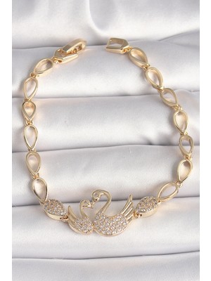 Ayder Timya Pirinç Gold Renk Zirkon Taşlı Kuğu Figür Damla Zincir Model Kadın Bileklik - TJ-BB6849 TG/Tmya1395 220103