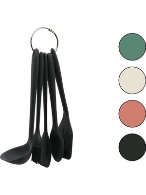 Calperia 5pcs MİNİ=20-21CM Renkli Silikon Mutfak Servis Seti Kaşık - Kepçe - Yan - Delikli Spatula - Y.fırçası (5047)