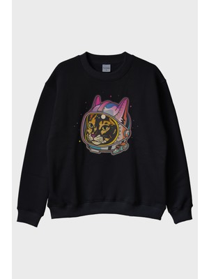 Nuugg Astrocat Renkli Astronot Kedi Baskılı Siyah Bisiklet Yaka Sweatshirt
