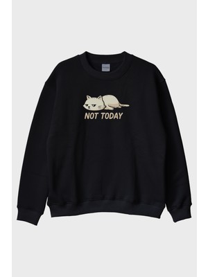 Nuugg Yorgun Kedi Mizahi Not Today Siyah Bisiklet Yaka Sweatshirt