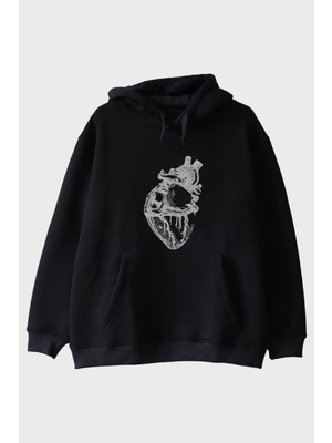 Nuugg Kalp Anatomi Çizimli Minimalist Baskılı Siyah Hoodie