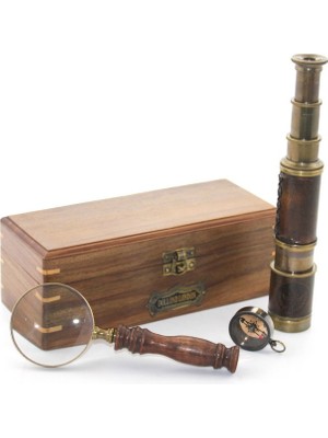 Aspartam Ahşap Kutu Pirinç Pusula, Dürbün, Büyüteç, Seti Model 2