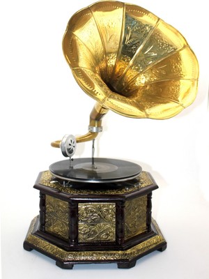 Aspartam Ahşap Sekizgen Gramofon Taş  Plak Çalar Metal Kaplamalı