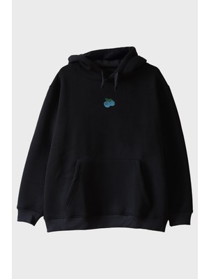 Nuugg Mavi Yaban Mersini Desenli Siyah Nakış Hoodie