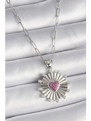 Ayder Timya 316L Çelik Gümüş Renk Pembe Zirkon Taşlı Kalp İşleme Madalyon Model Kadın Kolye - TJ-BKO9533 TG/Tmya1395 218595
