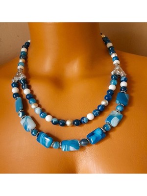 Asteria Elite Premium Serisi Mavi Beyaz Akik 2 Sıralı Nazar Koruması ve Zihinsel Berraklık Kolye Bileklik Seti