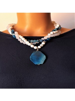 Asteria Elite Mavi Akik Havlit Dumanlı Akik Nazar Karşıtı Sakinlik ve Dinginlik Veren Üç Sıralı Kolye