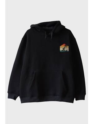 Nuugg Retro Palmiye ve Sörf Baskılı Siyah Hoodie