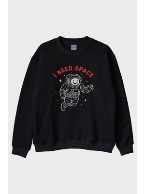 Nuugg I Need Space Astronot Tasarımlı Baskılı Siyah Bisiklet Yaka Sweatshirt