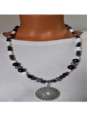 Asteria Elite Mor Akik Beyaz Akik Uzun Huzur ve Arınma ve Nazardan Korunma Kolyesi