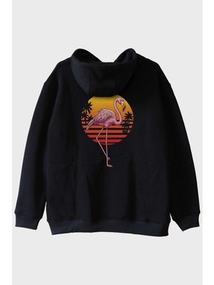 Lofux Retro Flamingo Baskılı Siyah Hoodie