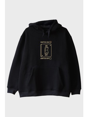 Nuugg Switch On Off Elektrik Şalter Tasarımlı Baskılı Siyah Hoodie
