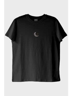 Nuugg Ay Desenli Nakış Siyah T-Shirt - Sevgililer Günü Çift Tişörtleri
