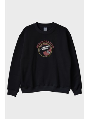 Lofux Philosoraptor Baskılı Retro Dinozor Tasarımlı Siyah Bisiklet Yaka Sweatshirt