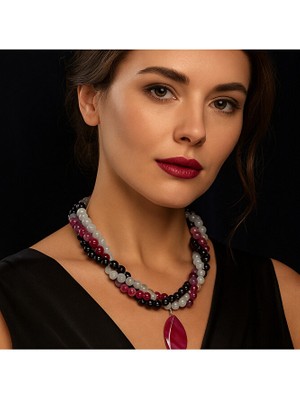 Asteria Elite Mor Akik Pembe Akik Dumanlı Akik3 Sıralı Sezgileri Güçlendirme ve Nazardan Koruma Kolyesi