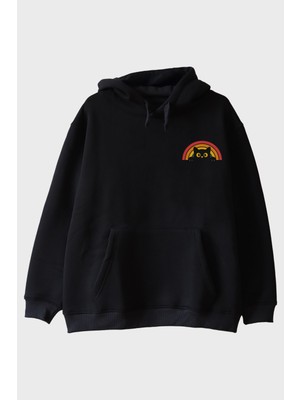 Nuugg Rainbow Cat Baskılı Tasarım Siyah Hoodie