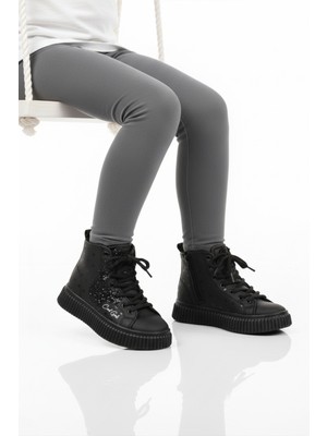 Cool Siyah Fermuarlı Içi Polarlı Kız Çocuk Düz Bot