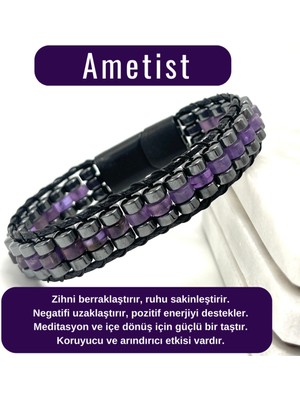 Yıldız Doğal Taş Sertifikalı Ametist Disk Model Doğal Taş Erkek Bileklik Kilitli Kapama