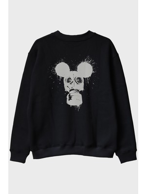 Nuugg Gaz Maskesi ve Mouse Kulakları Tasarımlı Siyah Siyah Bisiklet Yaka Sweatshirt