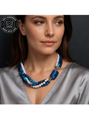 Asteria Elite Premium Serisi Mavi Beyaz Akik Nazar Koruması ve Zihinsel Berraklık Için Gerdanlık Kolye