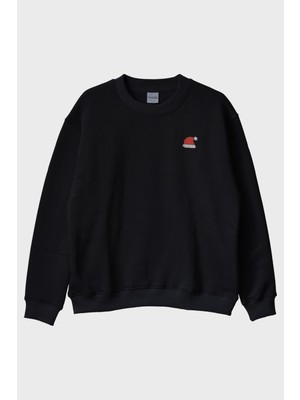 Lofux Noel Şapka Baskılı Siyah Bisiklet Yaka Sweatshirt