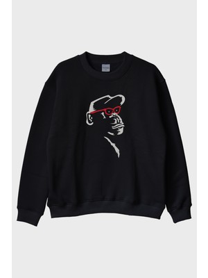 Nuugg Gözlüklü Primat Minimal Tasarım Baskılı Siyah Bisiklet Yaka Sweatshirt