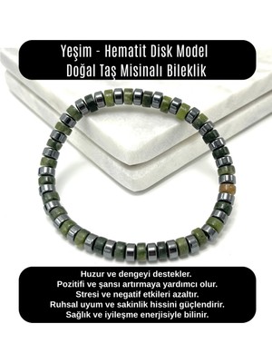 Yıldız Doğal Taş Sertifikalı Yeşim - Hematit Disk Model Doğal Taş Misinalı Bileklik