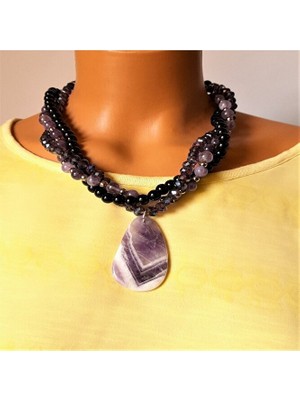 Asteria Elite Ametist Oniks Kristal Üç Sıralı Ruhsal Denge, Güç ve Arınma Kolyesi