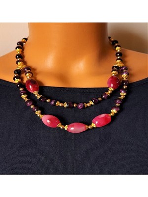 Asteria Elite Bordo Kaplan Gözü Pembe Akik Akik Nazar Koruması ve Cesaret Kolyesi