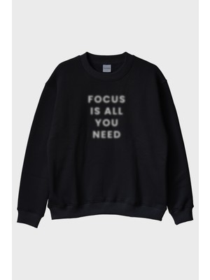 Nuugg Focus Is All You Need Baskılı Minimal Siyah Bisiklet Yaka Sweatshirt