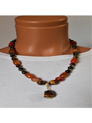 Asteria Elite Yeşil ve Kahverengi Kaplan Gözü Akik Nazara Karşı Etkili, Denge ve Azim Kolyesi