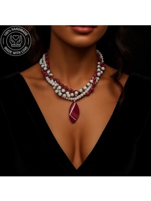 Asteria Elite Pembe Akik Beyaz Akik Beyaz Kristal Üçlü Sevgi, Huzur ve Arınma Kolyesi