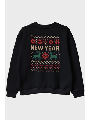 Nuugg Yeni Yıl Motifli Siyah Bisiklet Yaka Sweatshirt