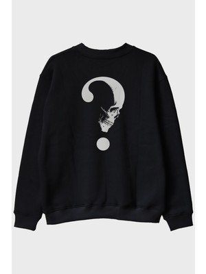 Nuugg Gothic Soru Işareti Kafatası Baskılı Siyah Bisiklet Yaka Sweatshirt