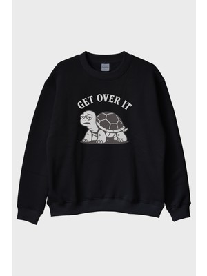 Nuugg Get Over It Kaplumbağa Baskılı Siyah Bisiklet Yaka Sweatshirt