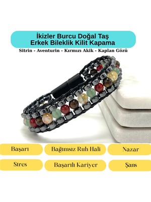 Yıldız Doğal Taş Sertifikalı Ikizler Burcu Disk Model Doğal Taş Erkek Bileklik Mıknatıslı Kilit