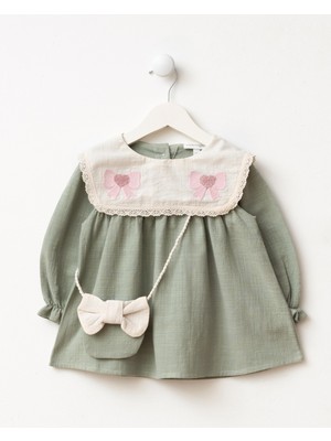 Magu Bebek Kız Yeşil Yakalı Çantalı Elbise