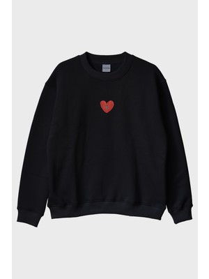 Nuugg Kalpli Kilit Desenli Nakış Bisiklet Yaka Sweatshirt - Romantik Sevgili Kombini