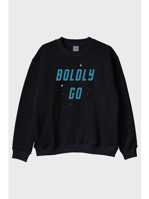 Nuugg Boldly Go Baskılı Uzay Temalı Siyah Bisiklet Yaka Sweatshirt