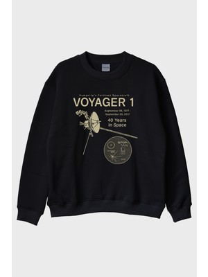 Lofux Uzay Keşfi Temalı Retro Voyager 1 Bilim Siyah Bisiklet Yaka Sweatshirtü