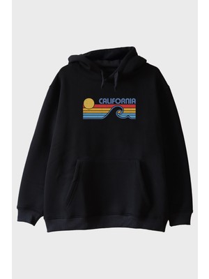 Nuugg California Retro Dalga Baskılı Tasarım Siyah Hoodie